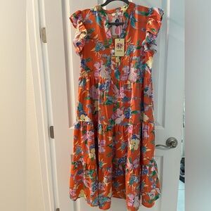 Floral V-Neck Ruffle Sleeve Midi Dress - Orange